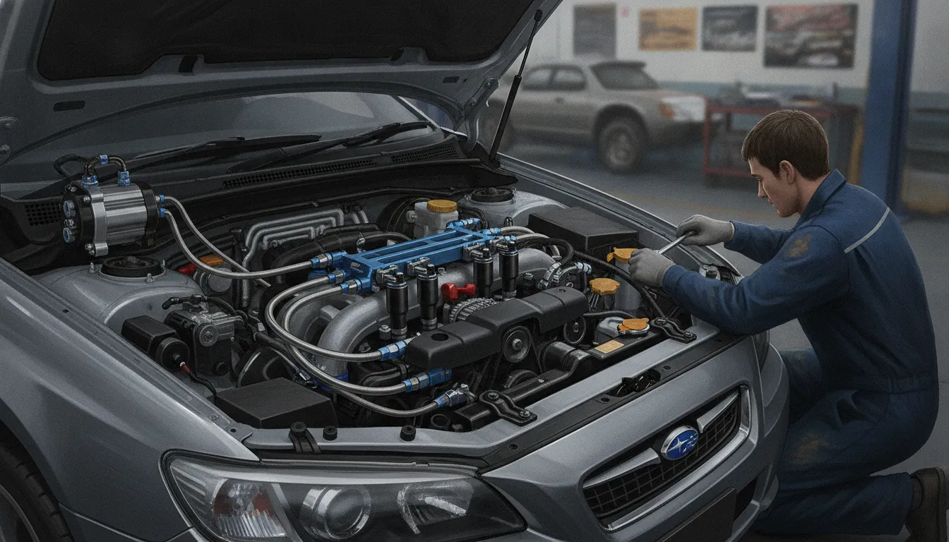 Subaru performance fuel pump and injector system in an engine bay