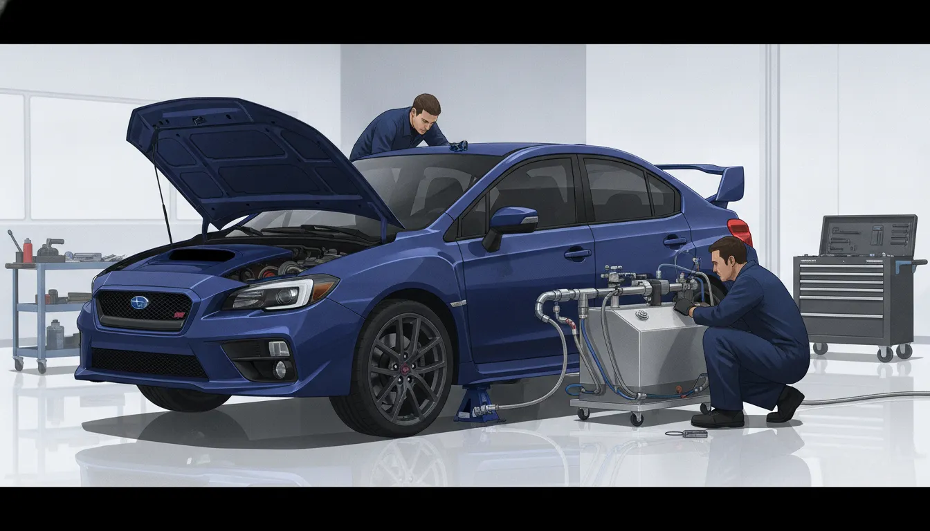 Technician checking Subaru fuel lines during a performance installation