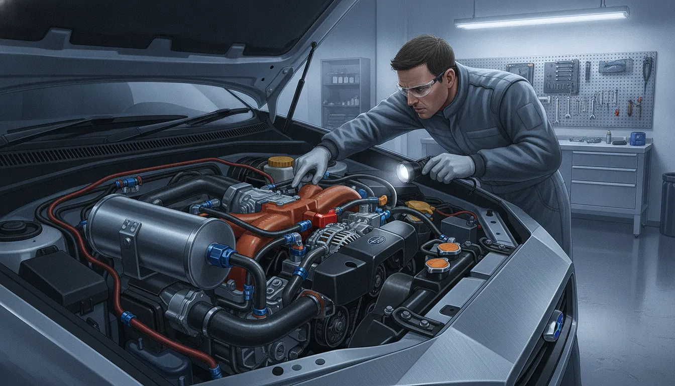 Air oil separator installed in a Subaru WRX engine bay with PCV hoses routed correctly