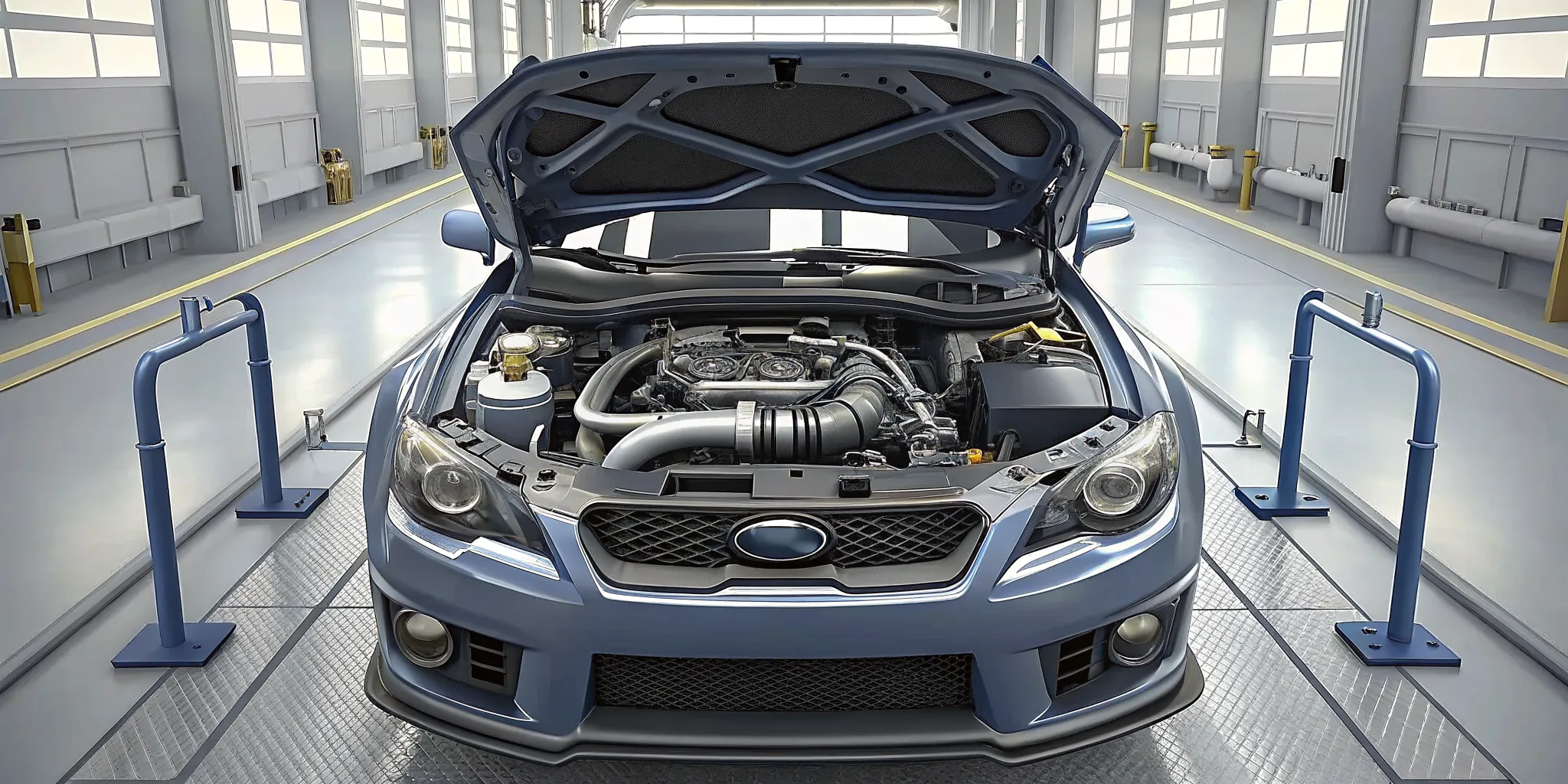 Subaru turbo boxer engine bay with AOS hose routing