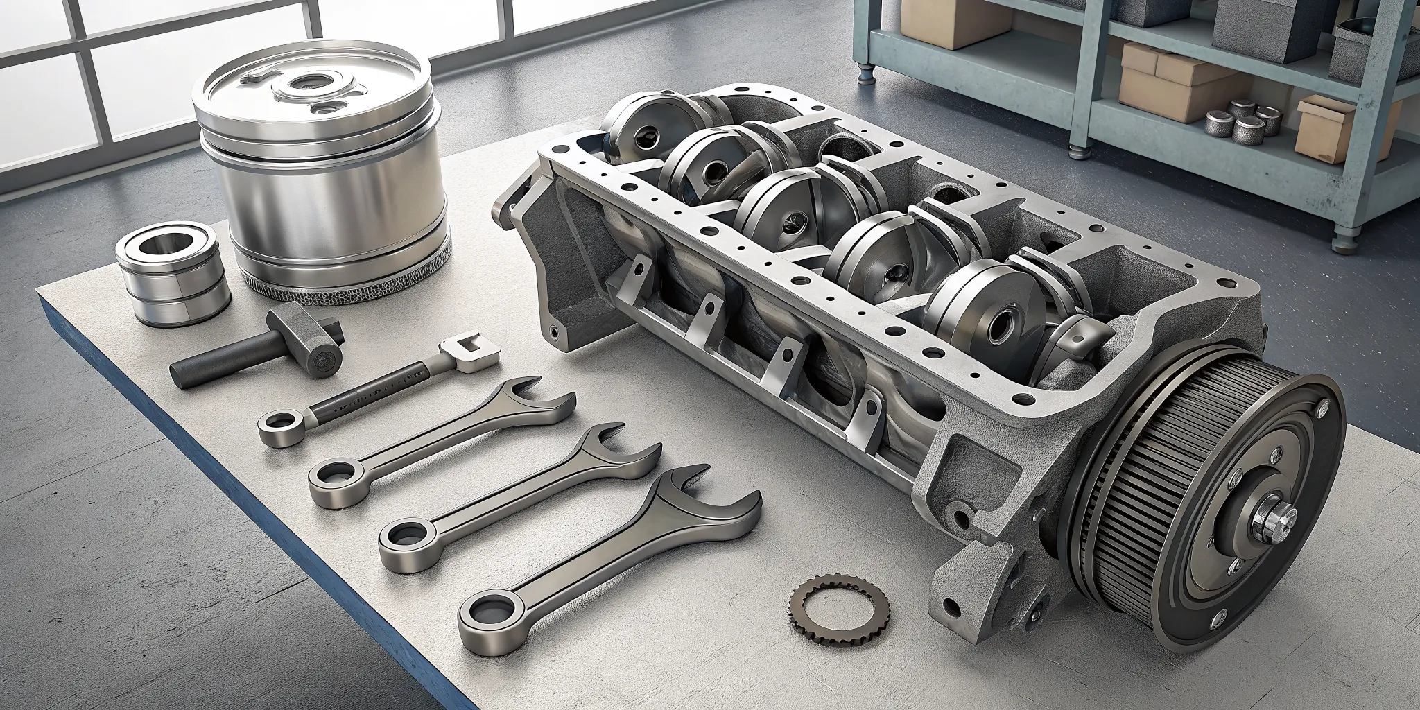 Disassembled Subaru boxer engine block with forged rods and pistons laid out on a workshop bench during a custom build
