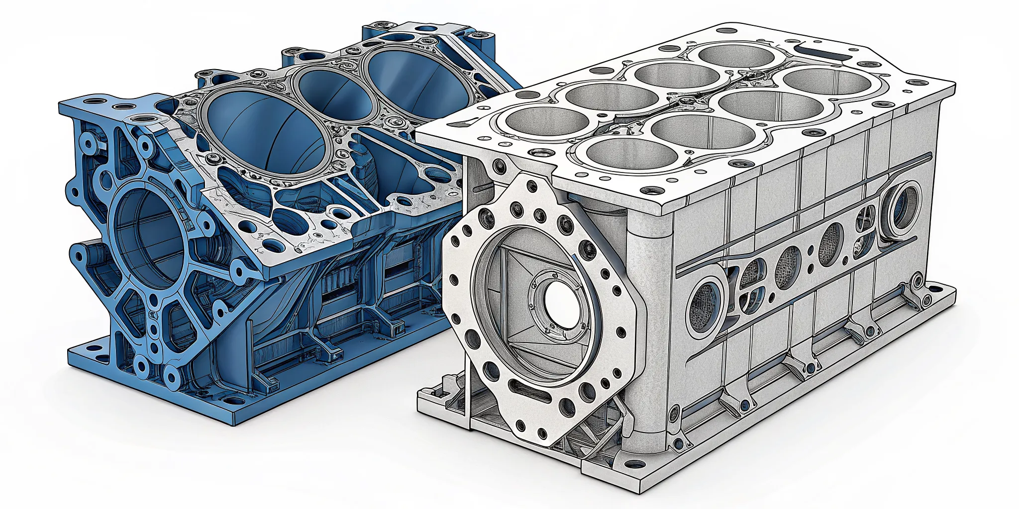 Technical diagram comparing Subaru open deck and semi-closed deck engine block designs showing cylinder wall support differences