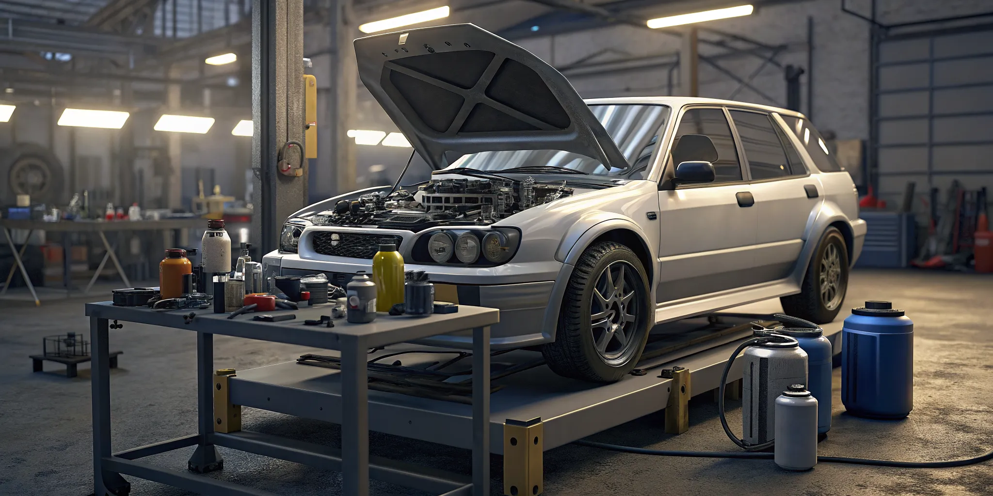Built Subaru boxer engine and oil prepared for the break-in process