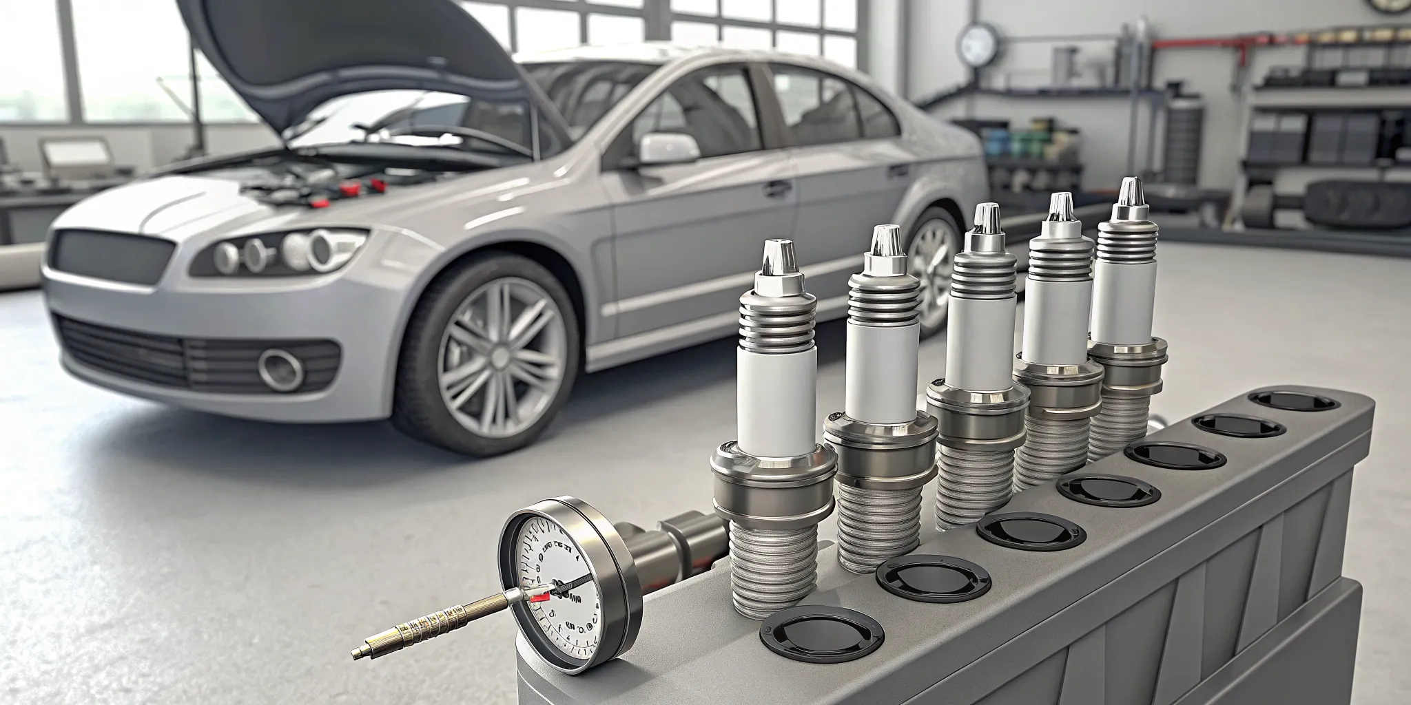 Subaru compression test gauge and spark plugs prepared for cylinder diagnostics