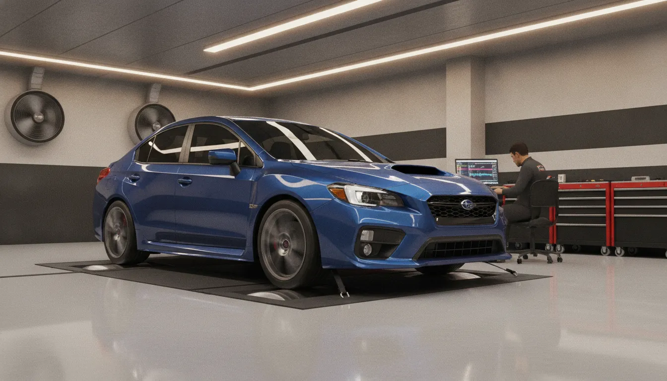 Modern Subaru WRX strapped to a chassis dyno in a professional tuning shop during a power run