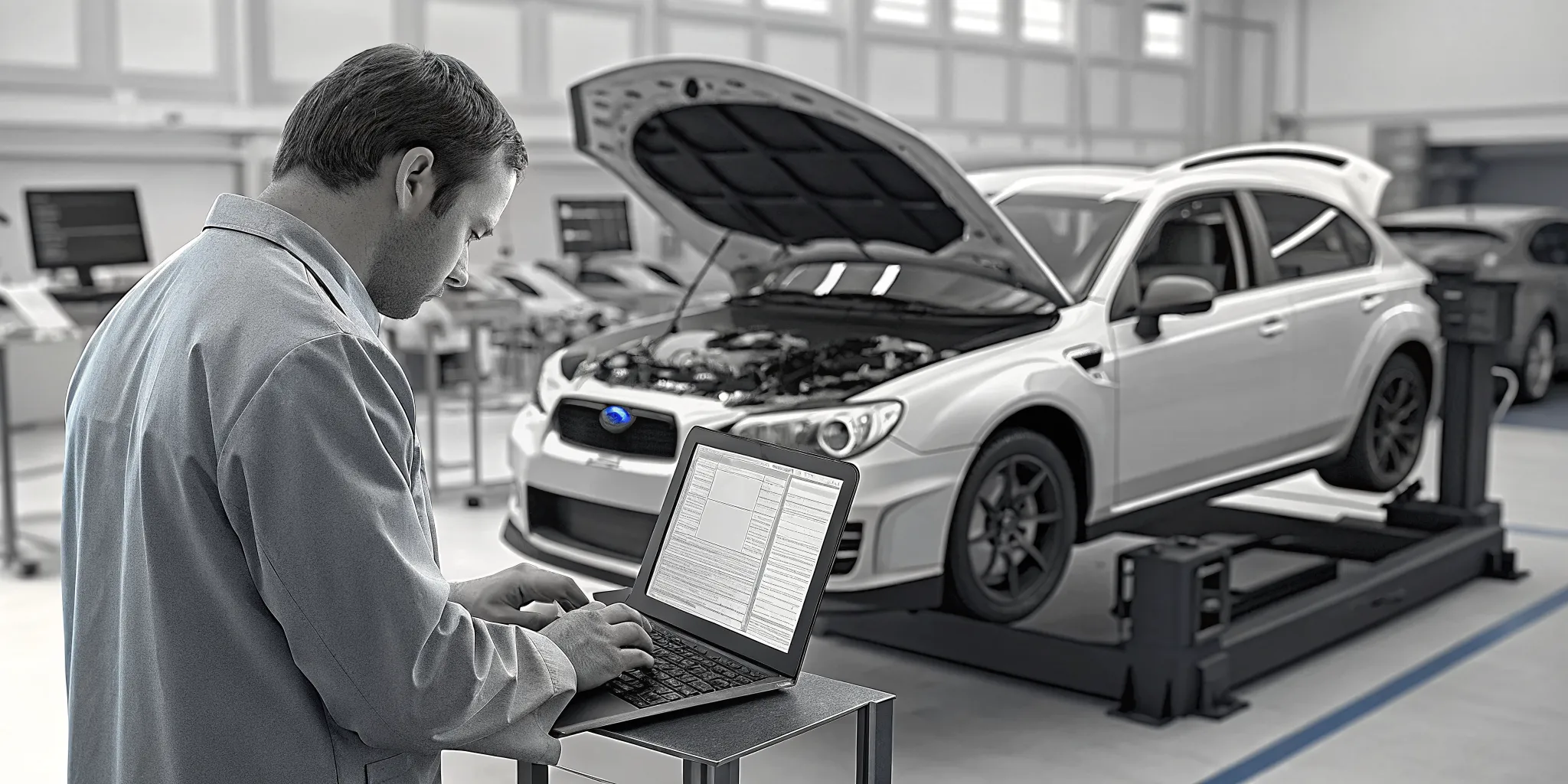 Subaru boxer engine being validated on a dyno while a technician adjusts the tune on a laptop