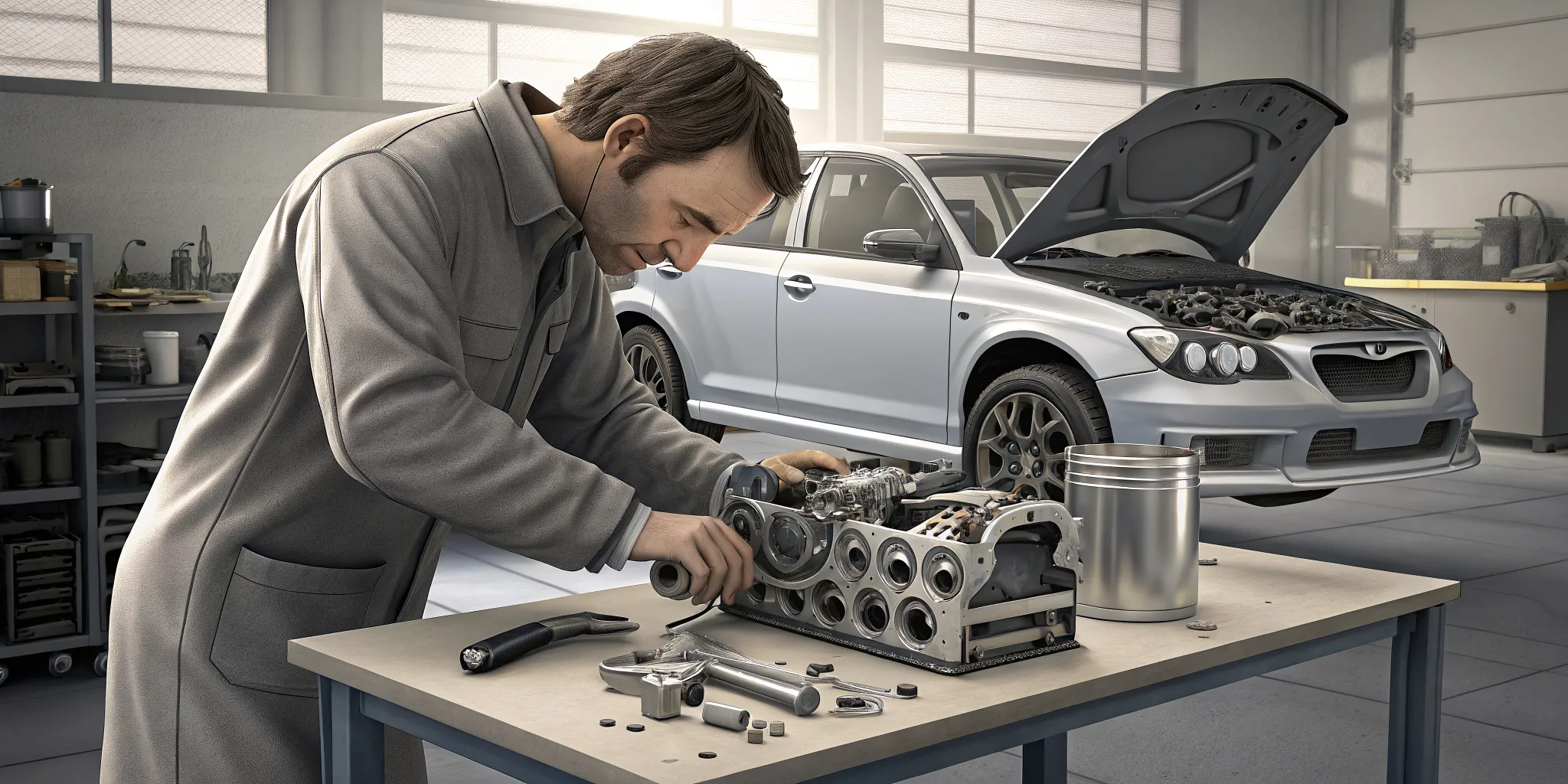 Experienced engine builder inspecting a Subaru boxer engine short block