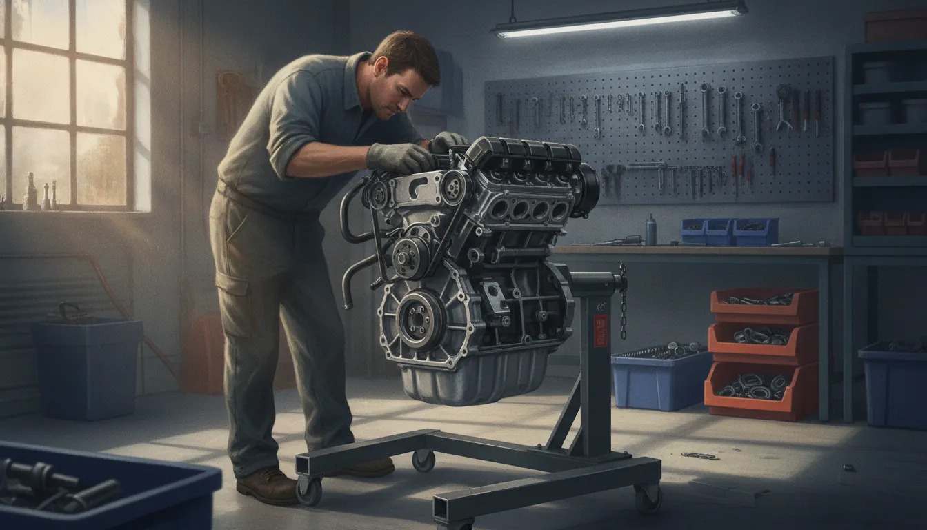 Technician inspecting a Subaru boxer engine on a secure stand