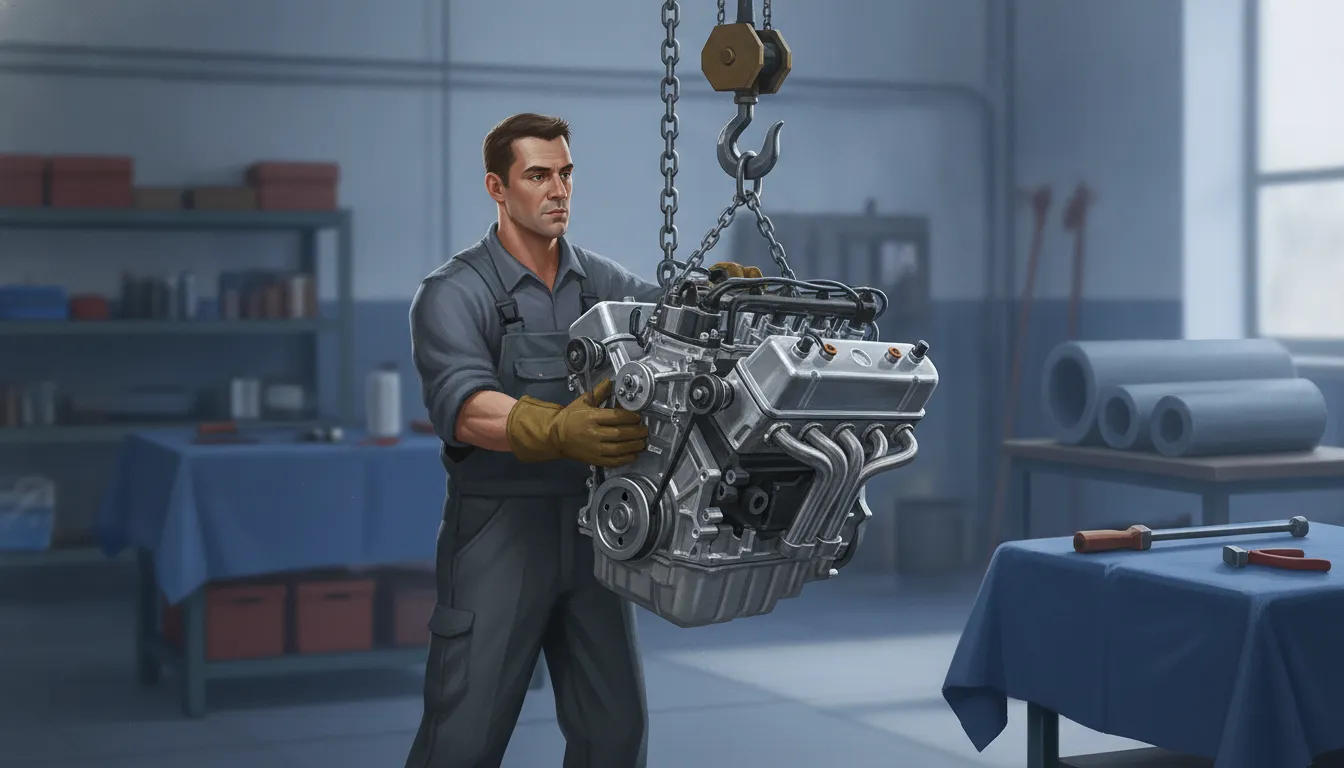 Technician guiding a suspended Subaru engine through a controlled lift