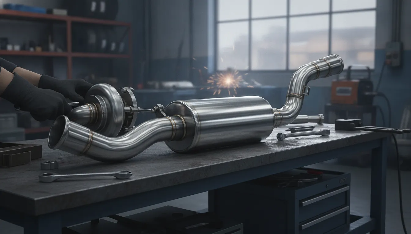 Polished stainless steel turbo-back exhaust assembly on a workbench in a professional Subaru tuning shop