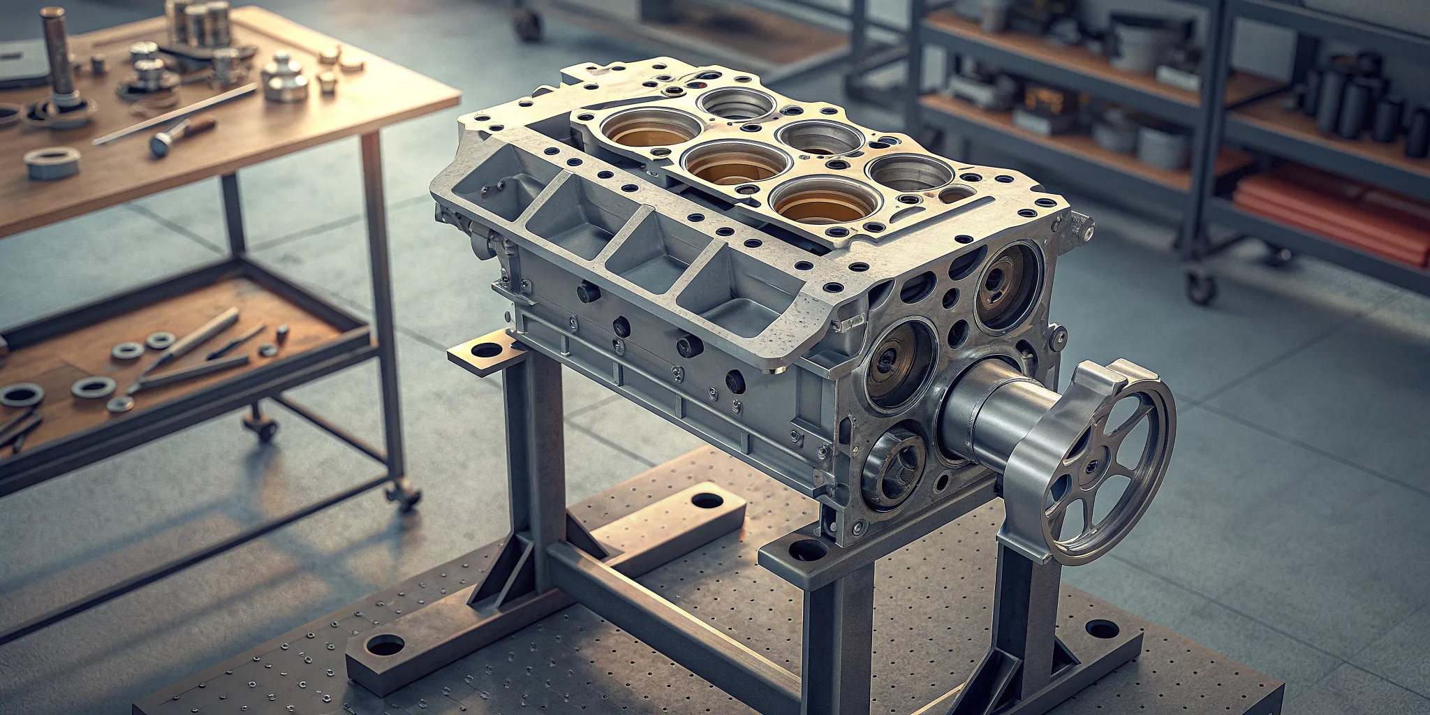Flat-four boxer engine being assembled in a Crawford performance workshop