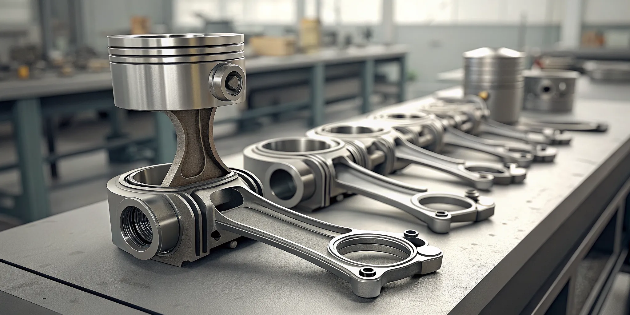 Forged pistons and connecting rods arranged on a workshop bench for a high-performance engine build