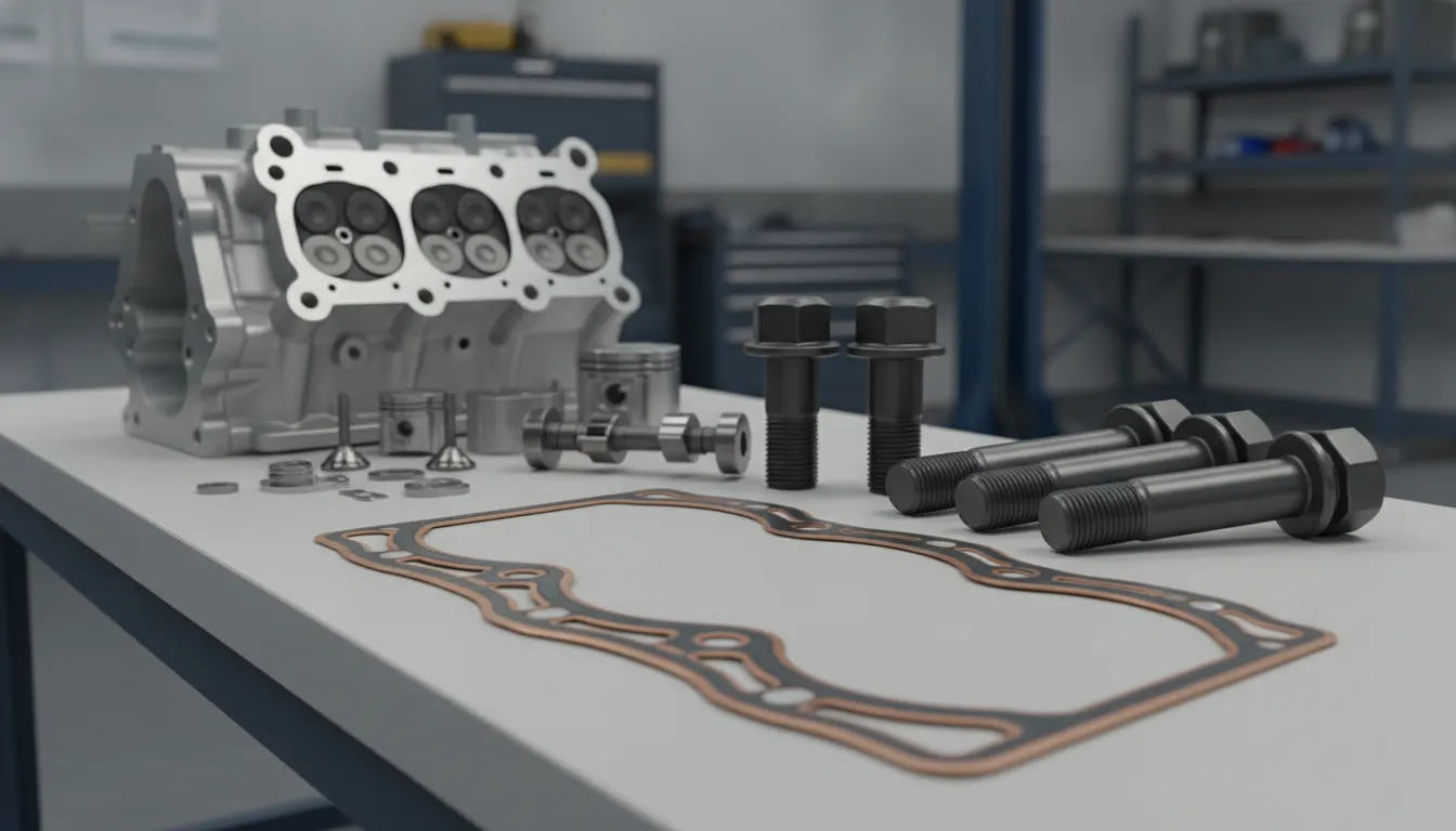 Subaru head gasket kit components arranged for an engine rebuild