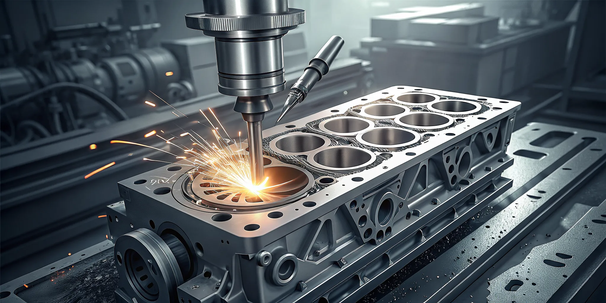 CNC machine tool cutting an engine block surface in a professional automotive machine shop