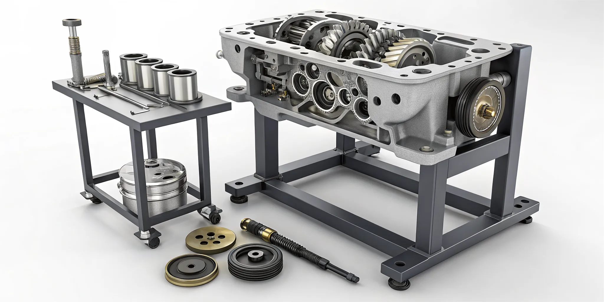 Subaru boxer engine lubrication system inspection on an engine stand