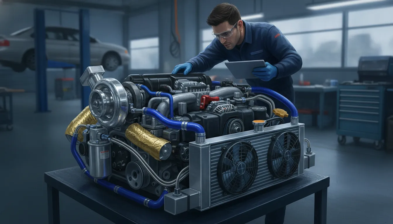 Oil control and cooling components arranged around a turbocharged Subaru engine
