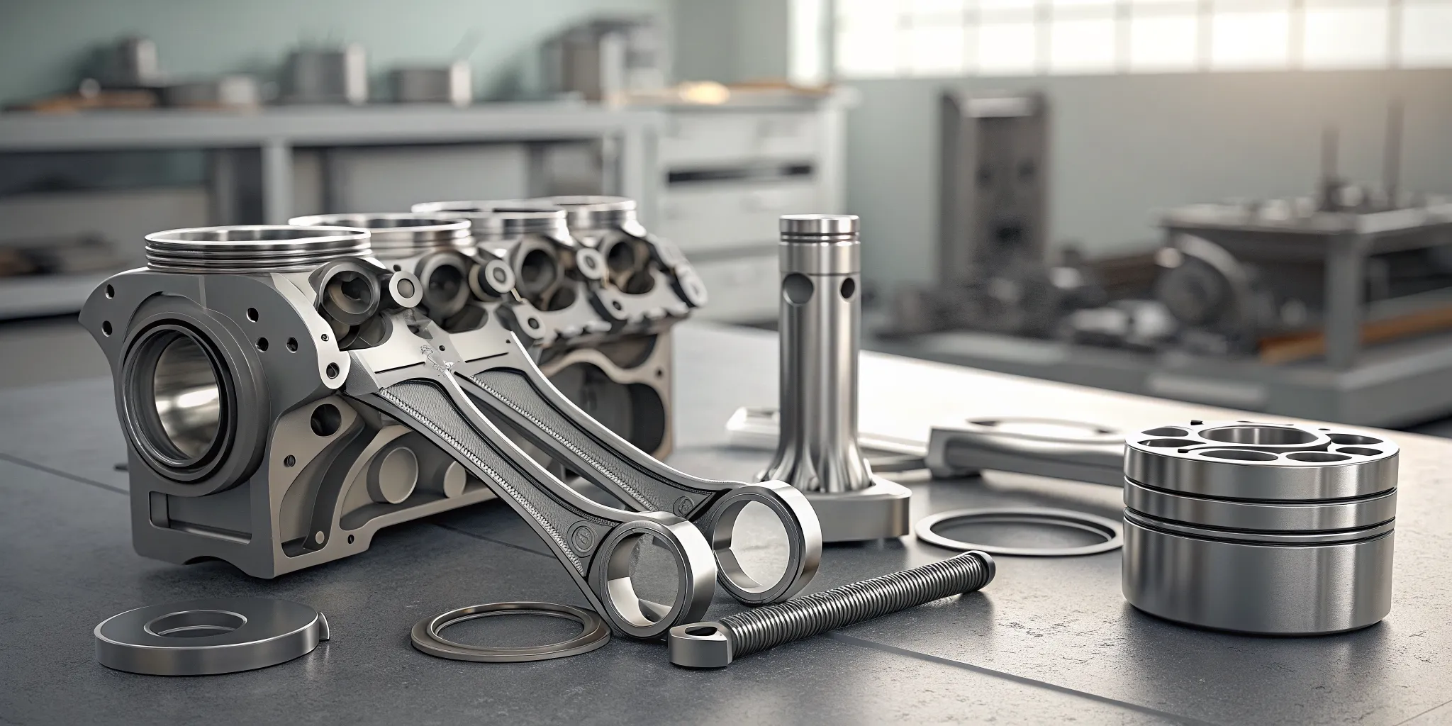 CrawfordSPEC forged pistons and H-beam connecting rods staged beside a Subaru boxer engine block during assembly