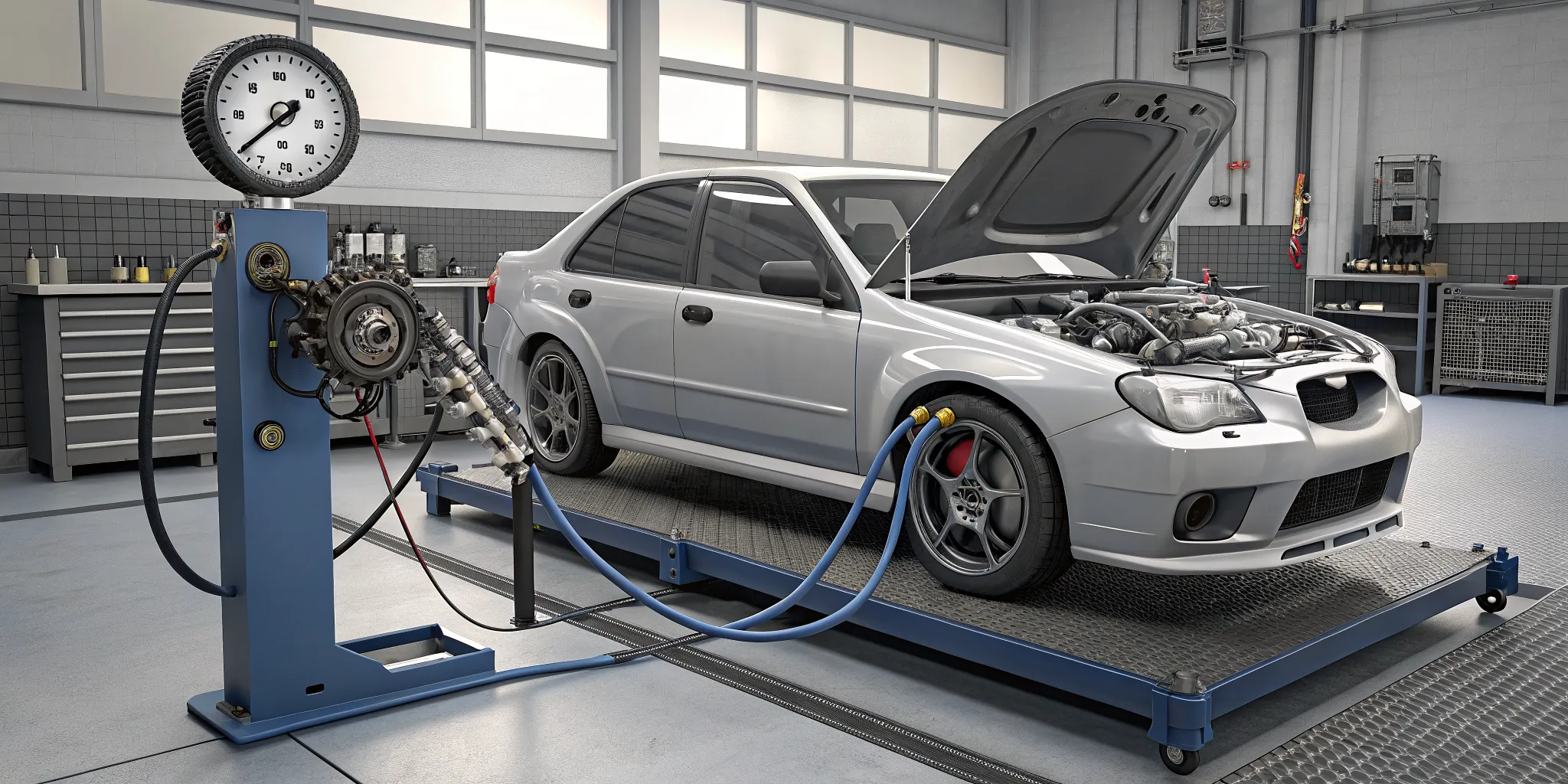 Mechanical gauge test of Subaru engine oil pressure in a performance workshop