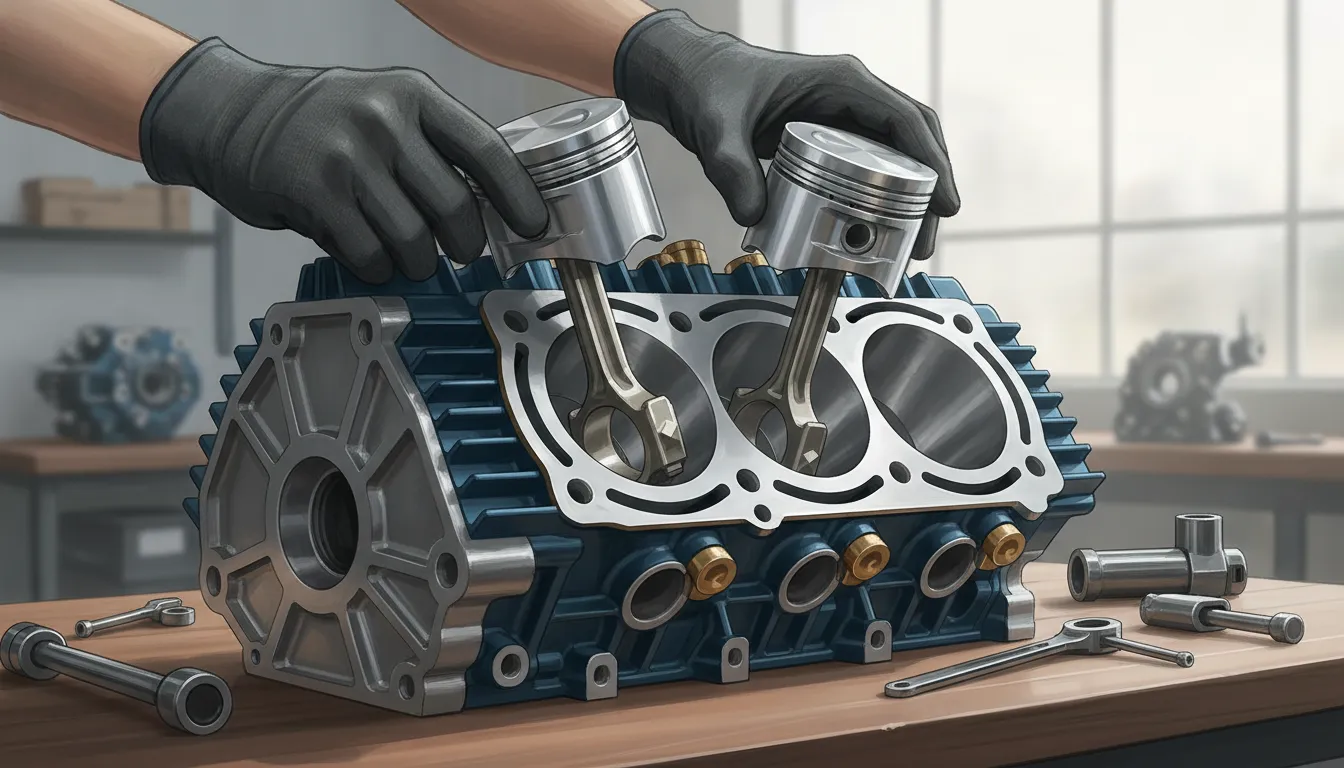 Forged pistons and connecting rods being matched to a Subaru boxer engine block