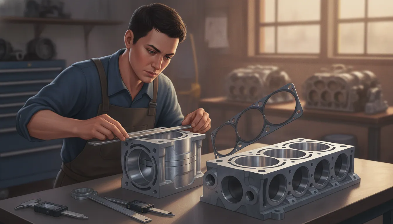 Builder inspecting Subaru engine block and cylinder head sealing surfaces