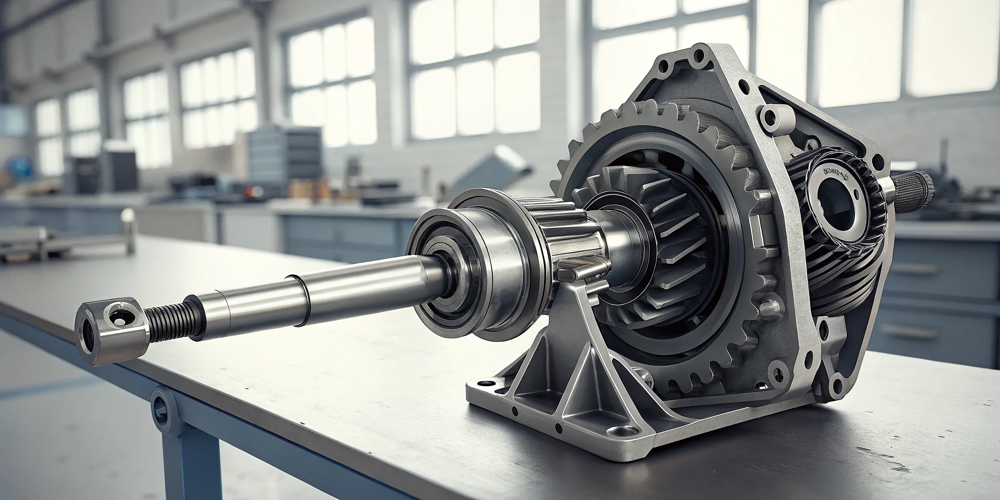 STI 6-speed manual transmission on a workbench in a performance shop