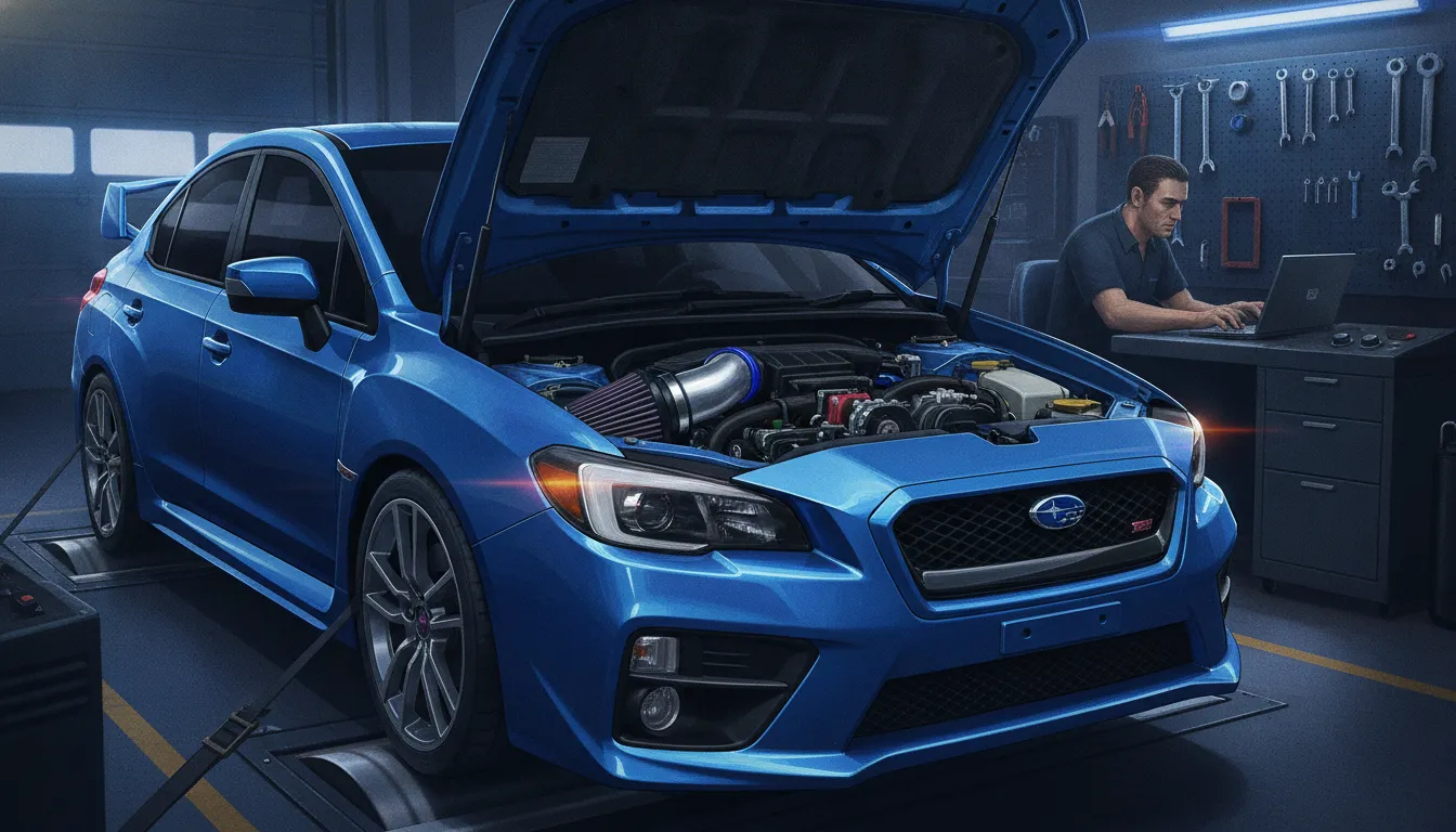 Subaru WRX dyno proven mods installed in a professional tuning workshop with a high-flow cold air intake