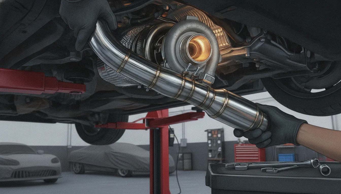 Subaru WRX hiflow catted downpipe being fitted on a shop lift