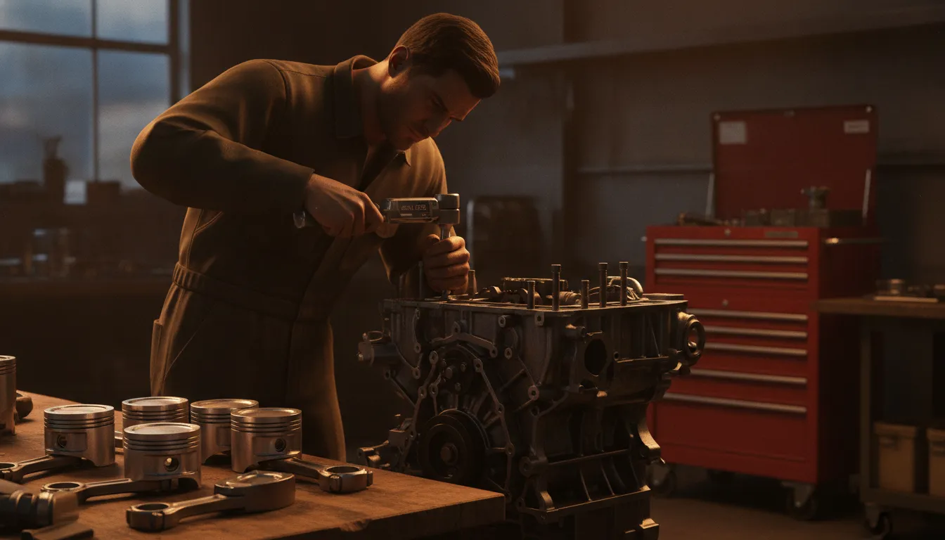 Forged pistons and connecting rods laid out while a Subaru block is assembled on an engine stand