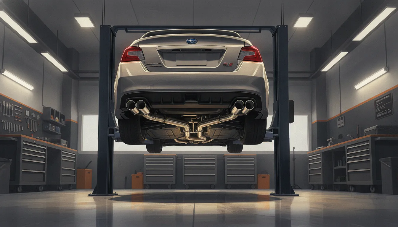 Subaru WRX cat-back stainless exhaust and axle-back muffler tips on a lift