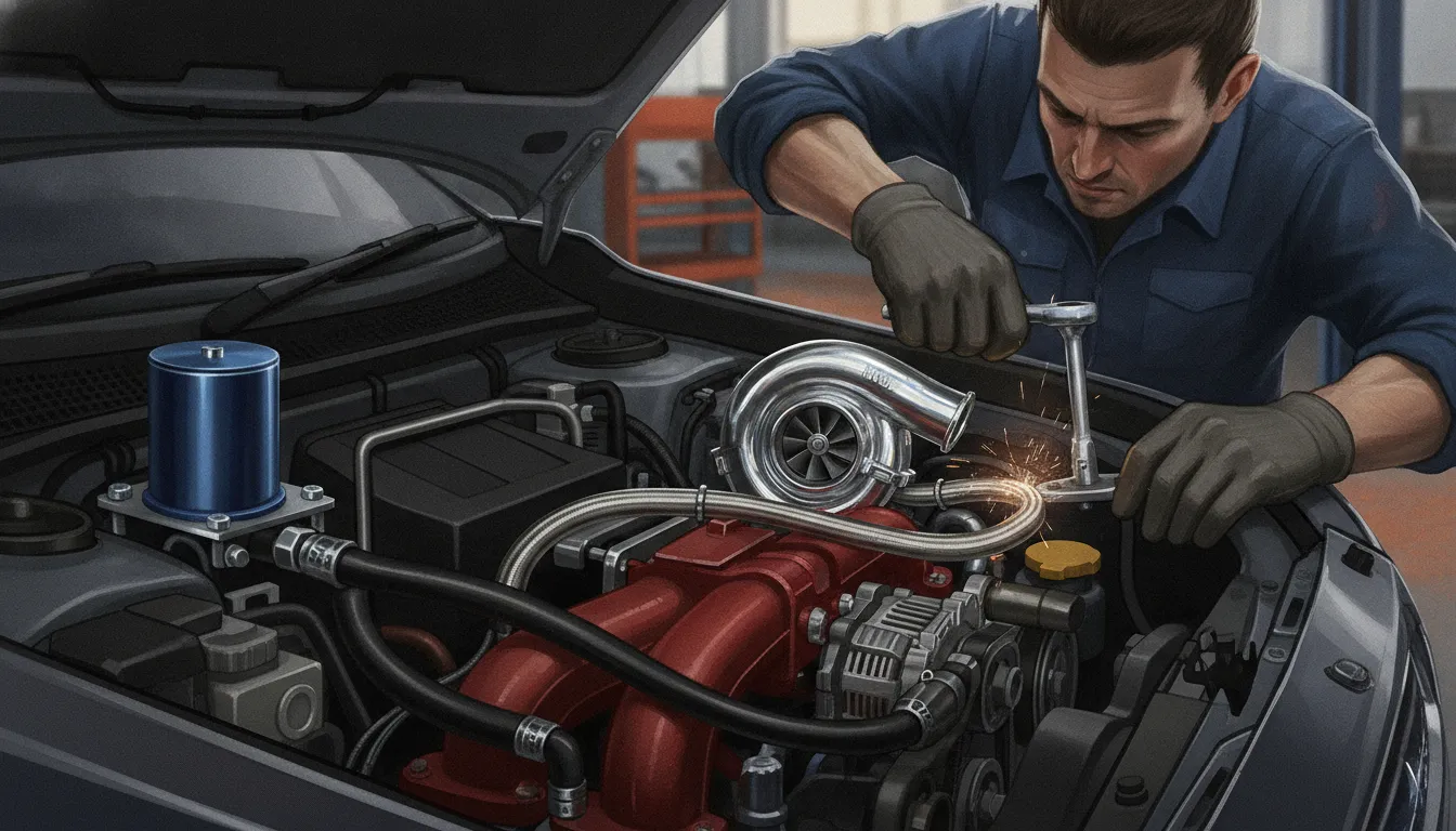 Upgraded turbocharger and Crawford air oil separator installed in a Subaru engine bay