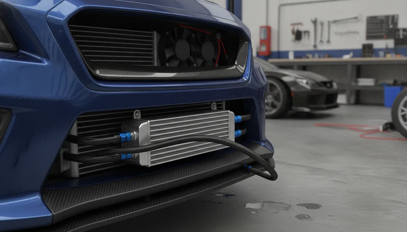 Compact power steering cooler mounted in the front airflow path of a Subaru performance car