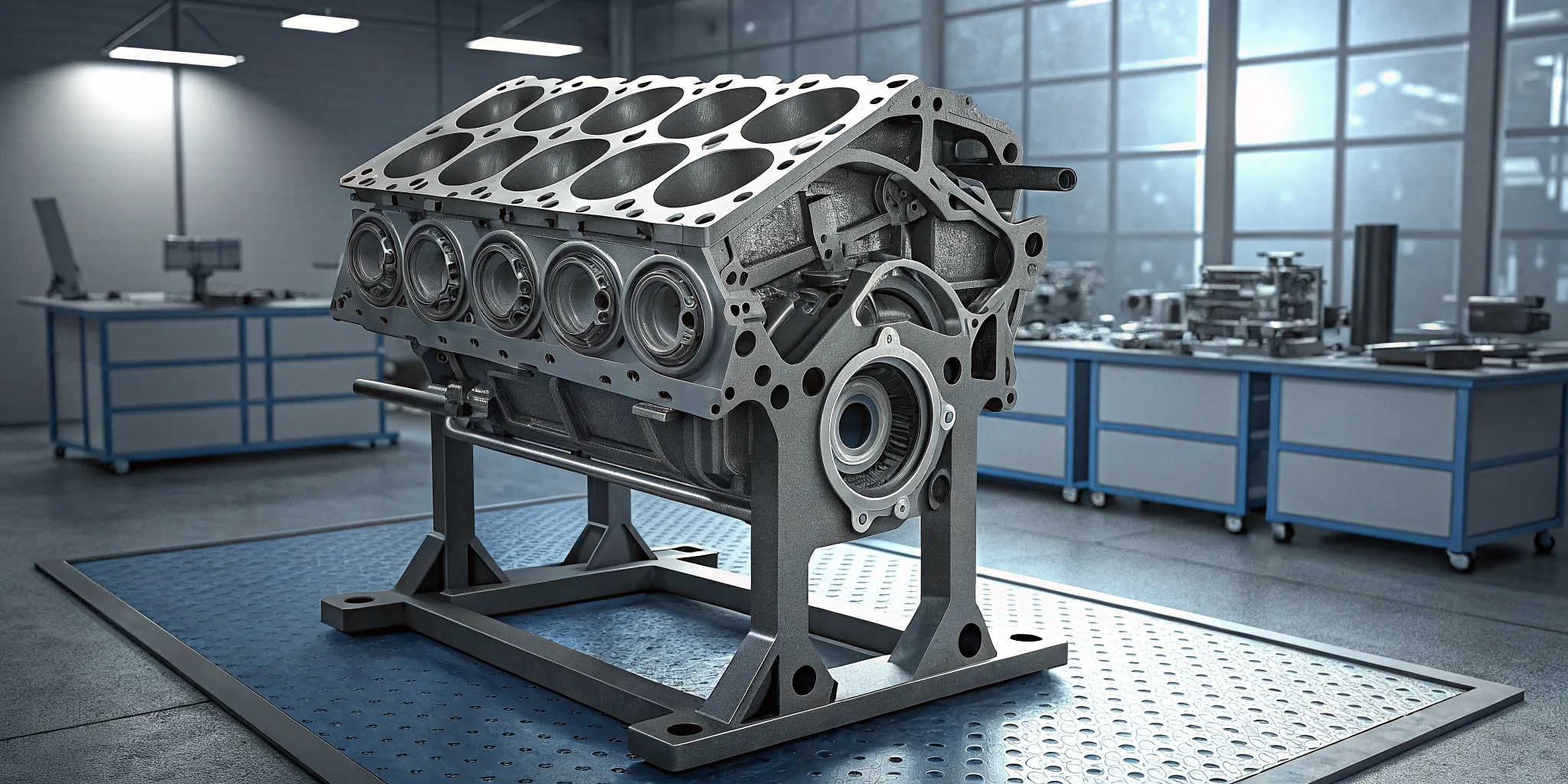 Subaru boxer engine short block on an assembly stand in a precision machine shop