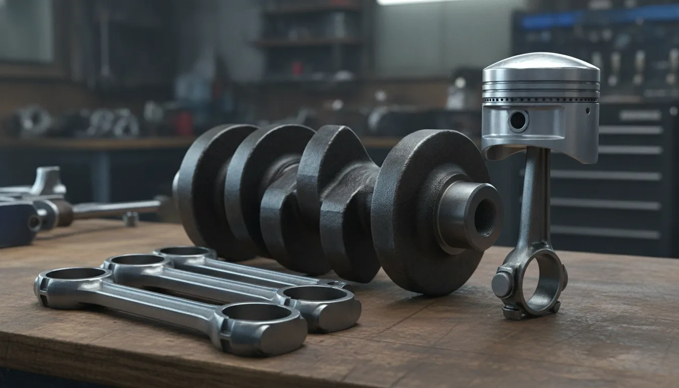 I-beam and H-beam Subaru connecting rods beside an engine crankshaft