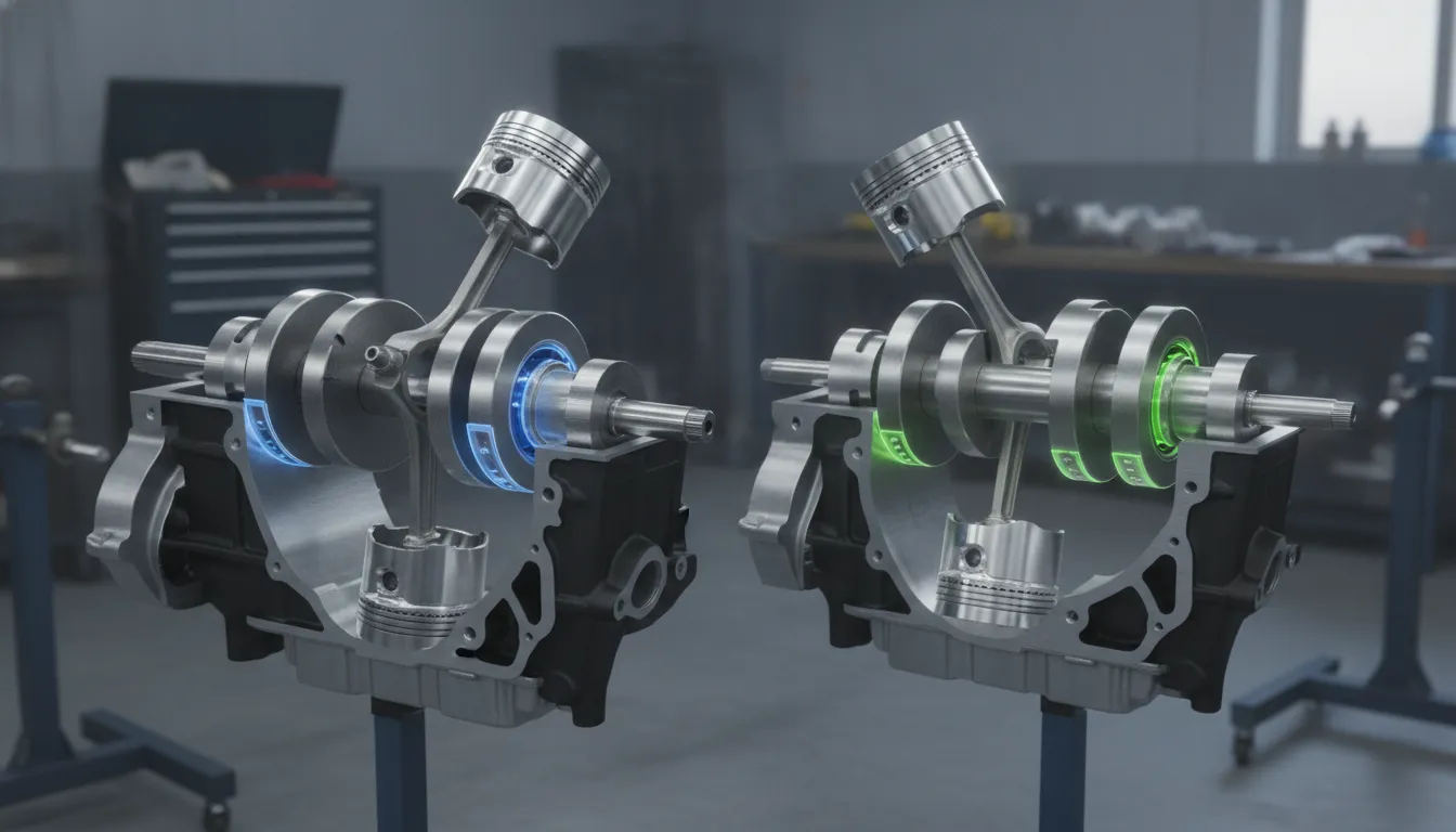 Subaru connecting rods, pistons, and crankshaft showing engine geometry
