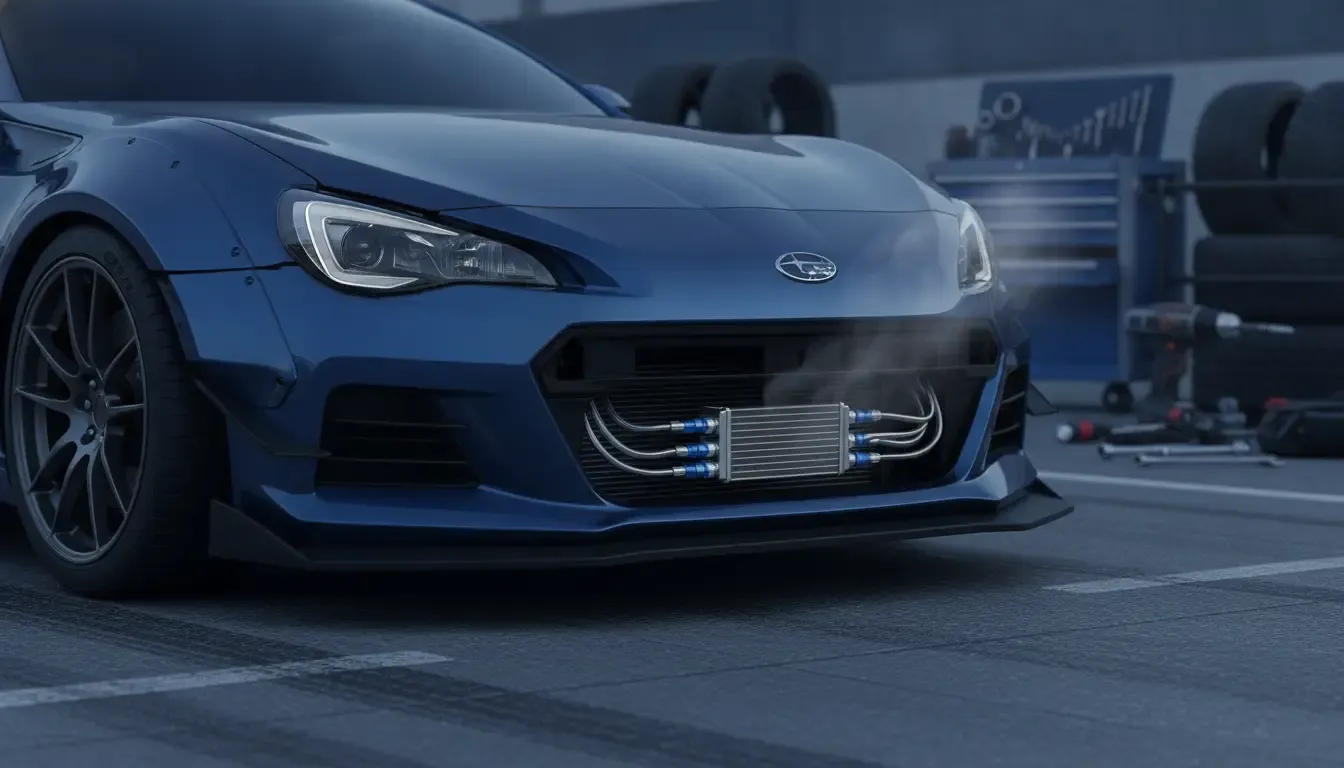 Front-mounted Subaru transmission cooler for track and towing heat management