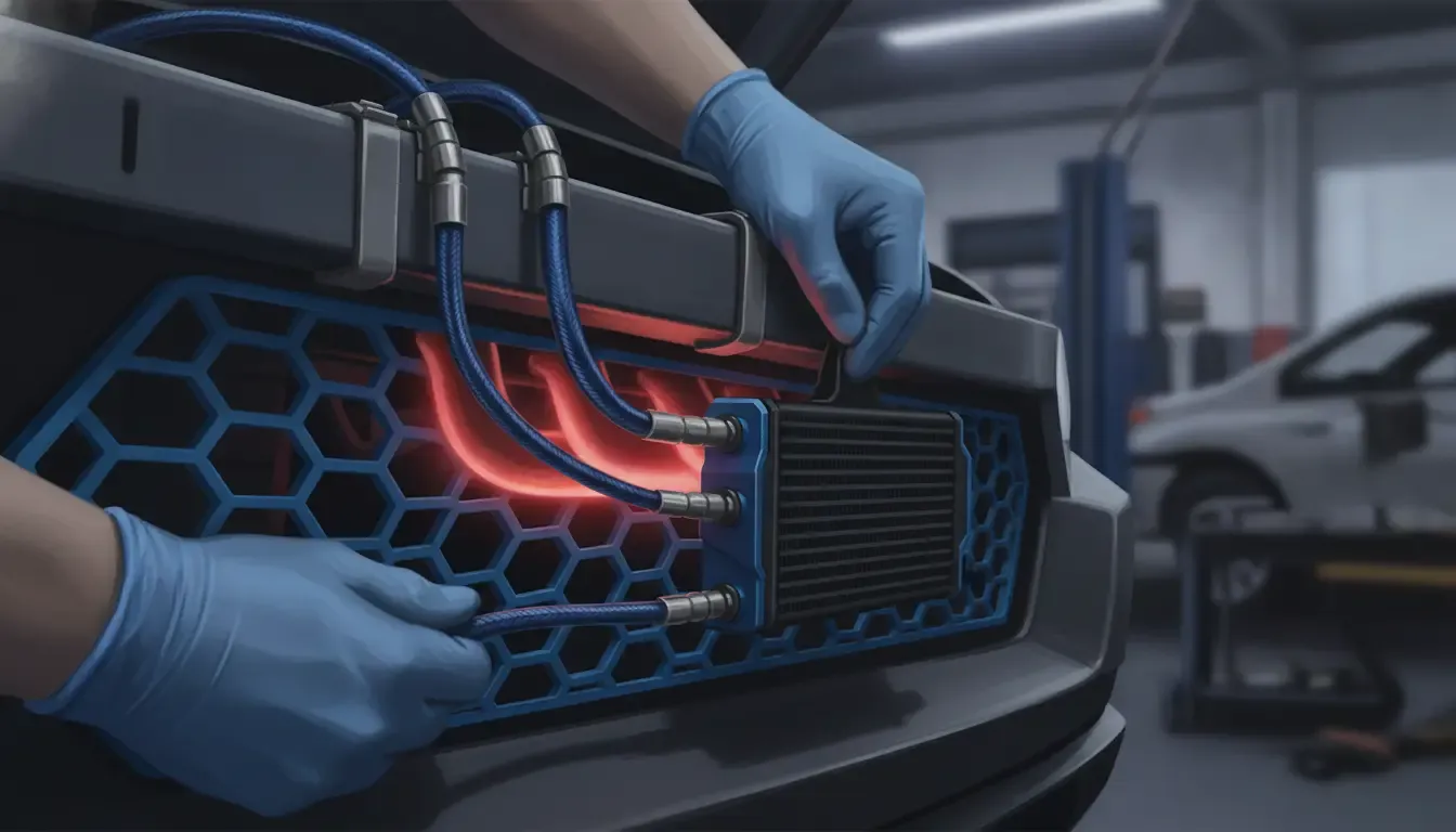 High-temperature Subaru transmission cooler lines routed safely behind the front grille