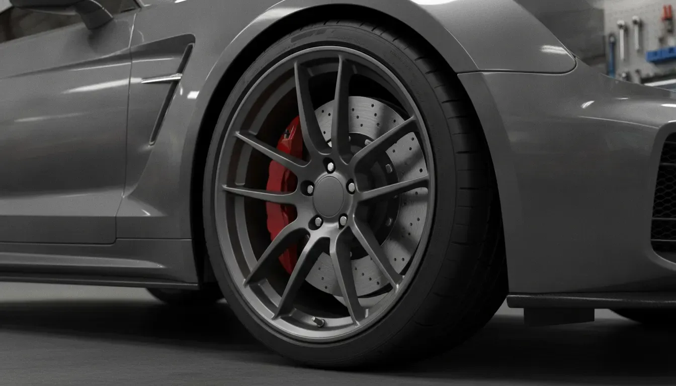 Performance Subaru wheel showing tire sidewall and brake clearance