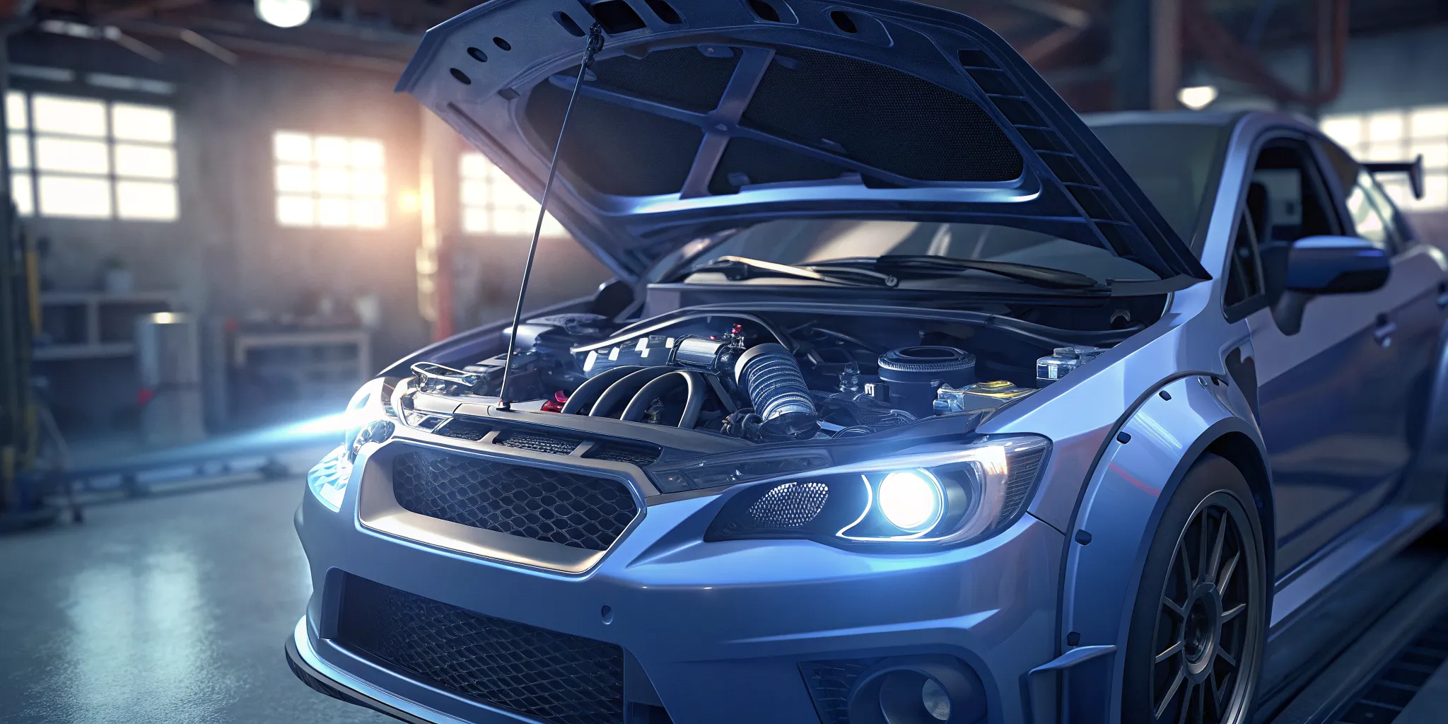 Subaru WRX STI turbocharger installation in engine bay with rotated mount kit