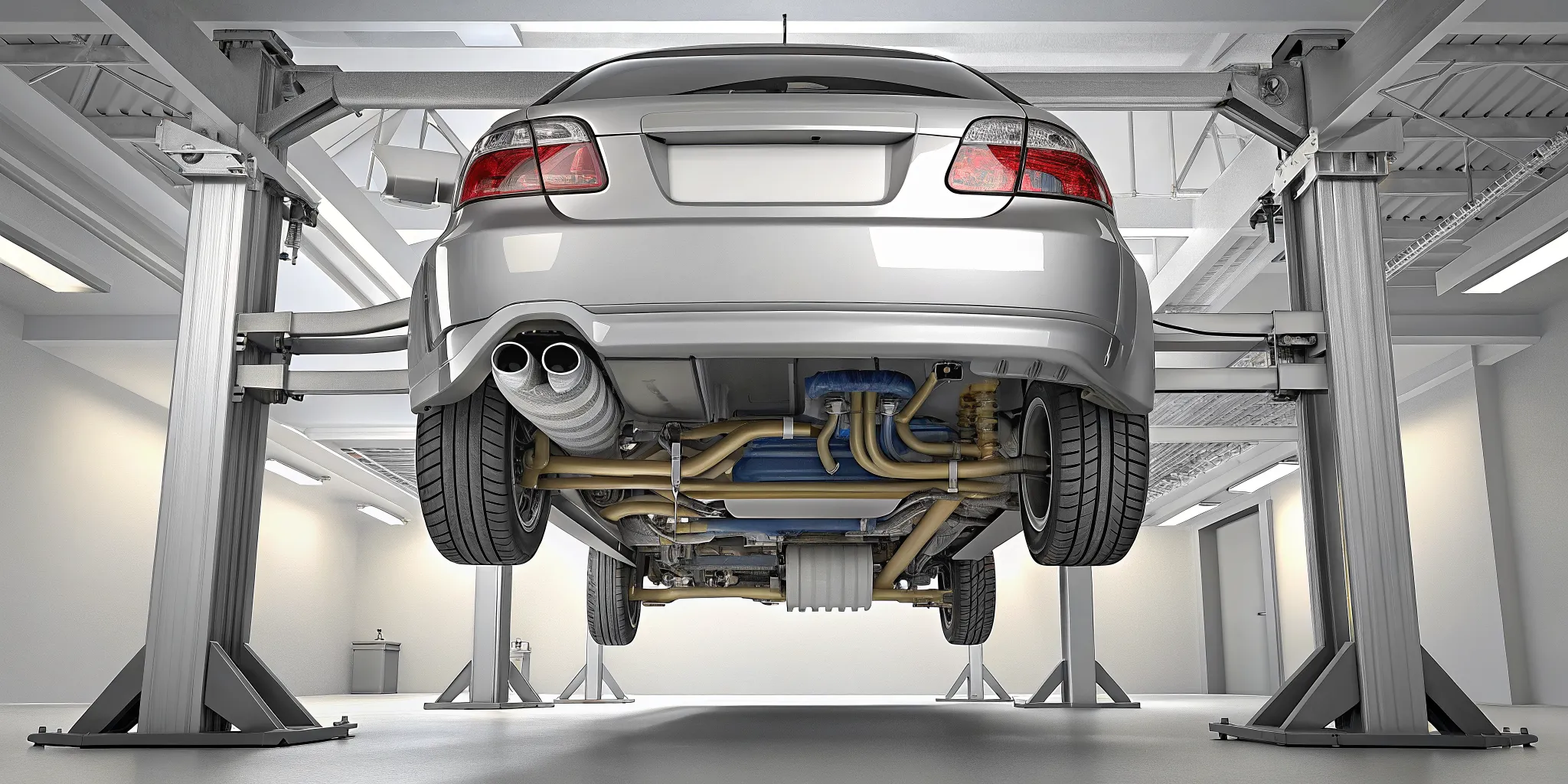 Subaru WRX performance exhaust system with resonator, muffler, piping, and hangers