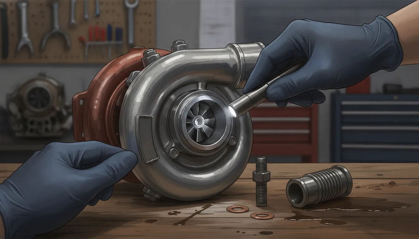 WRX turbocharger feed and drain fittings during oil control service