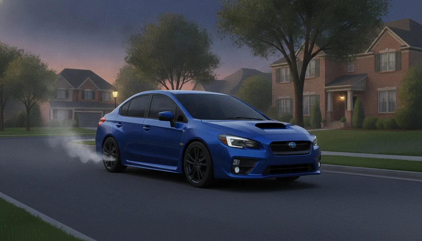 Street-oriented Subaru WRX exhaust setup on a public road