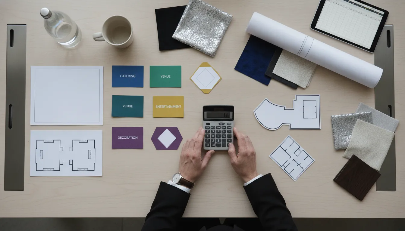 Corporate event planning budget review with contingency and projected costs
