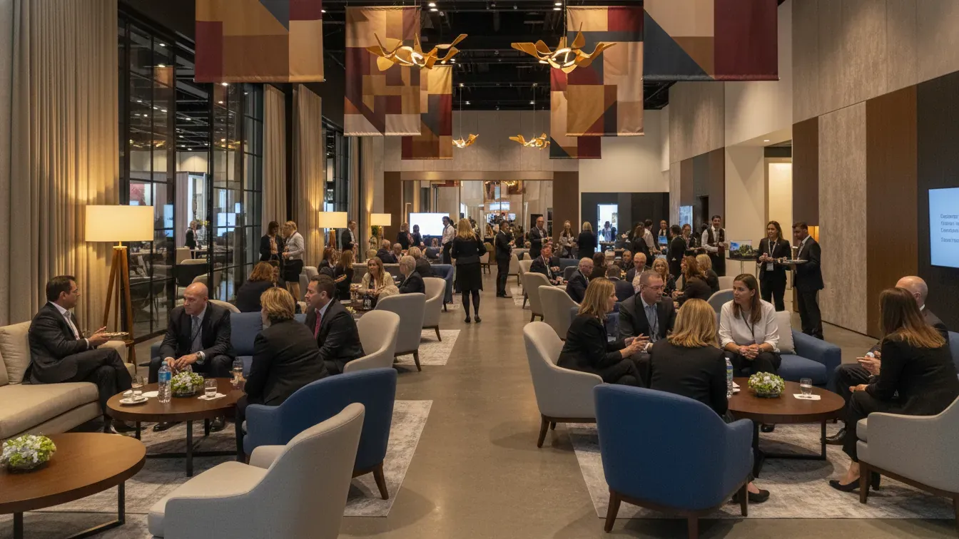 Corporate event networking strategies in a premium expo lounge with executives and planners talking