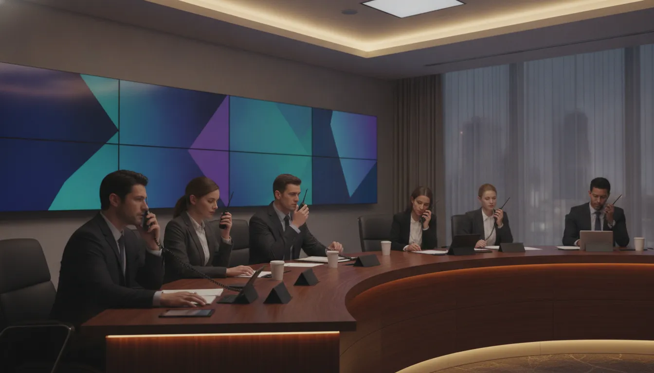Event crisis communication team coordinating at a corporate conference