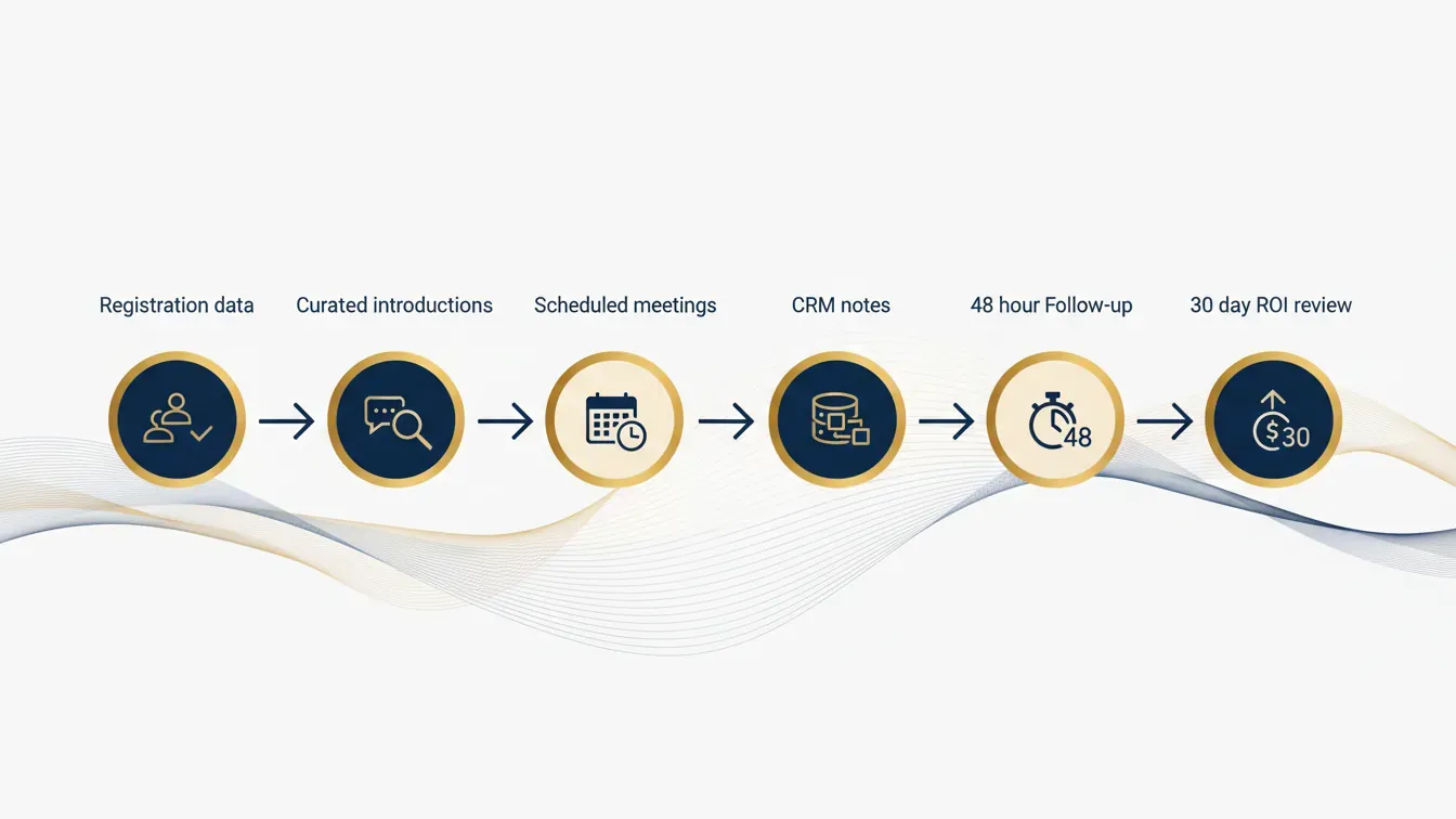 Corporate event follow-up workflow for networking leads, CRM notes, outreach, and ROI review