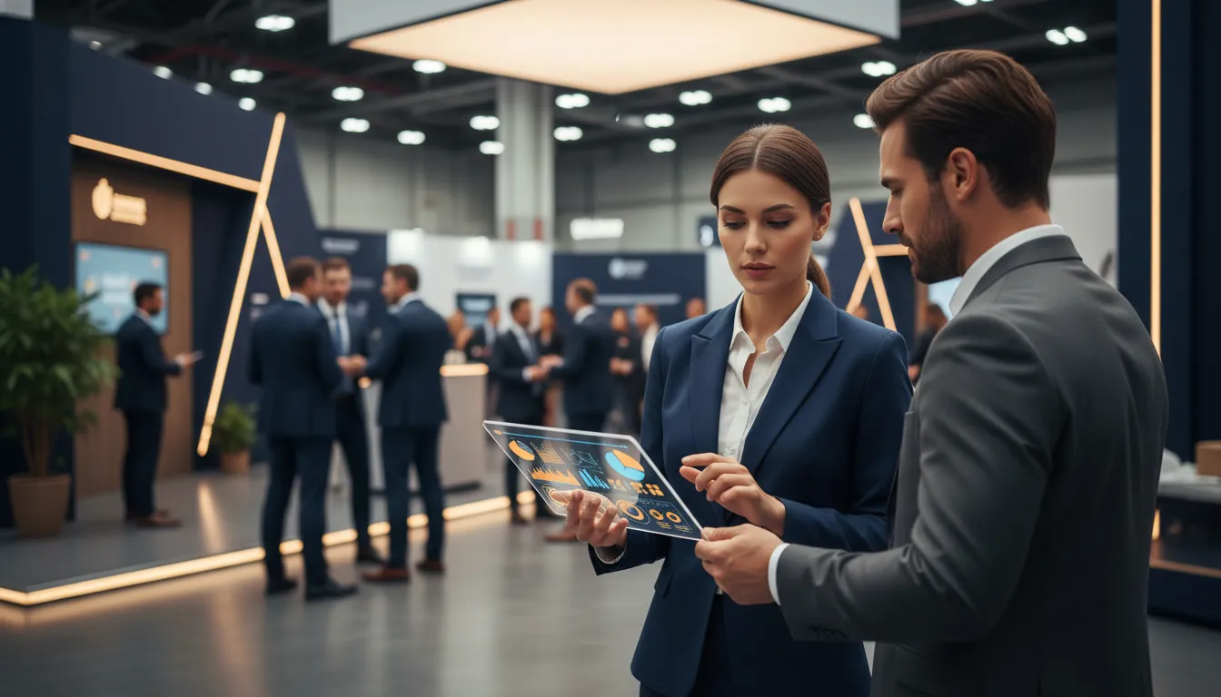 Marketing executive reviewing an event ROI measurement dashboard at a trade show