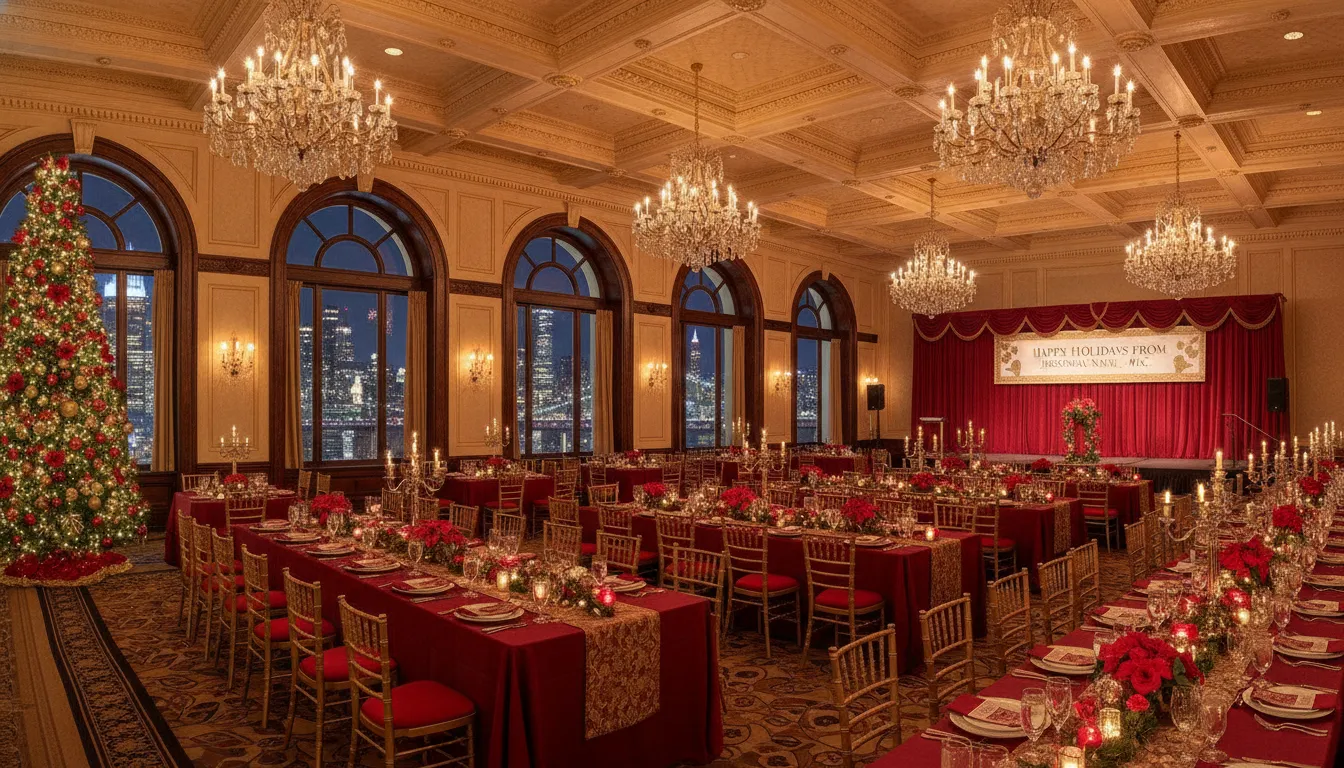 Elegant Manhattan ballroom decorated for a corporate holiday party with chandeliers and city skyline views