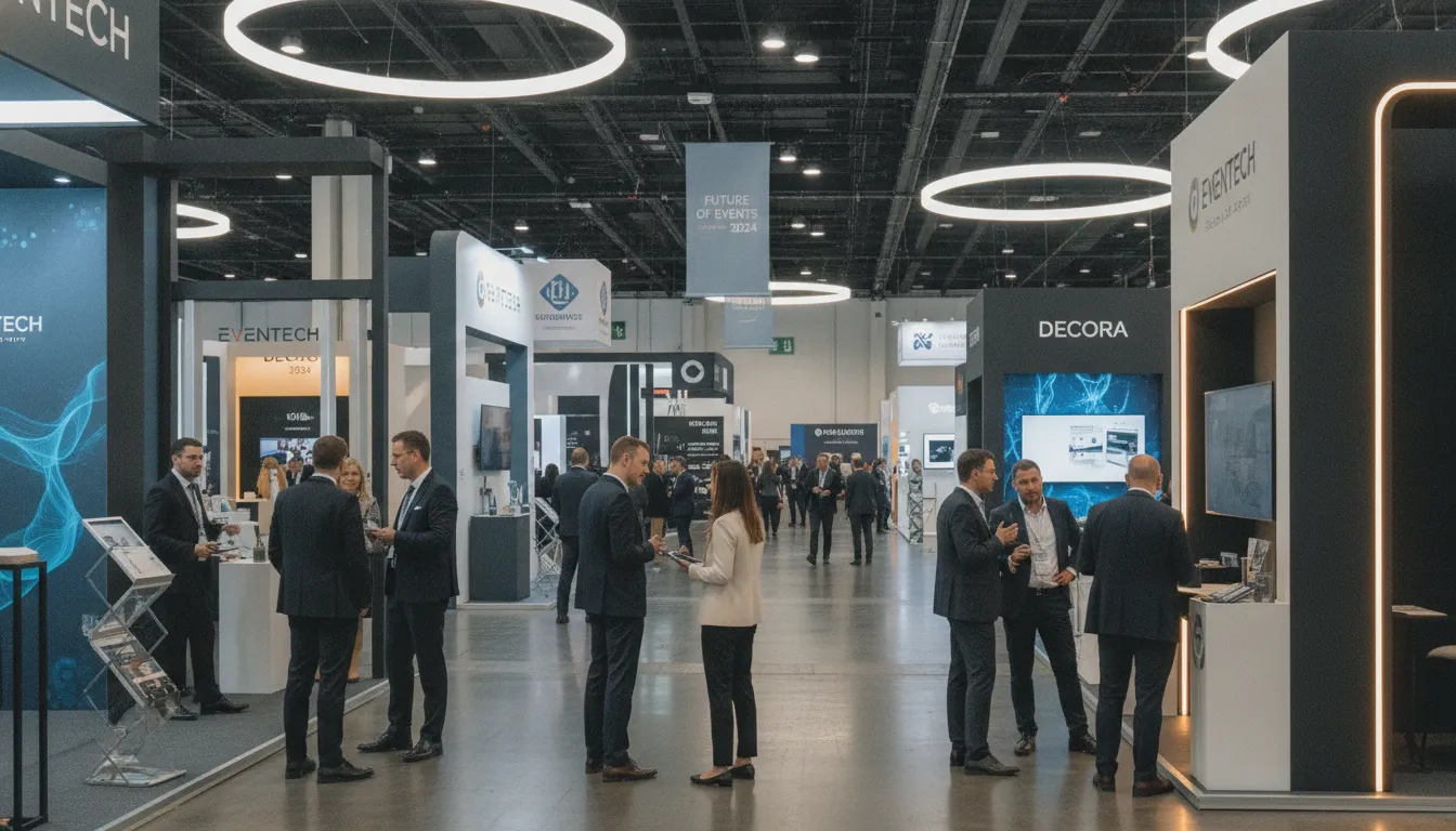 Corporate event planners connecting with top event vendors at a professional NYC trade show floor