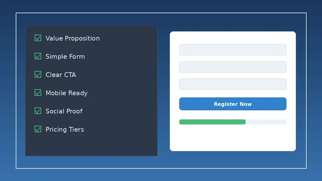 Event registration page optimization checklist showing a simplified form with clear call-to-action button and progress indicator