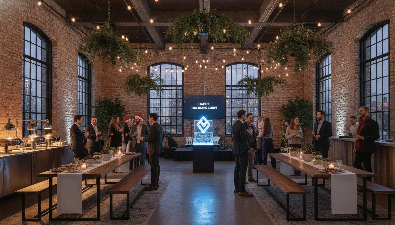 Modern Brooklyn industrial event space with exposed brick and festive string lights for a corporate holiday party